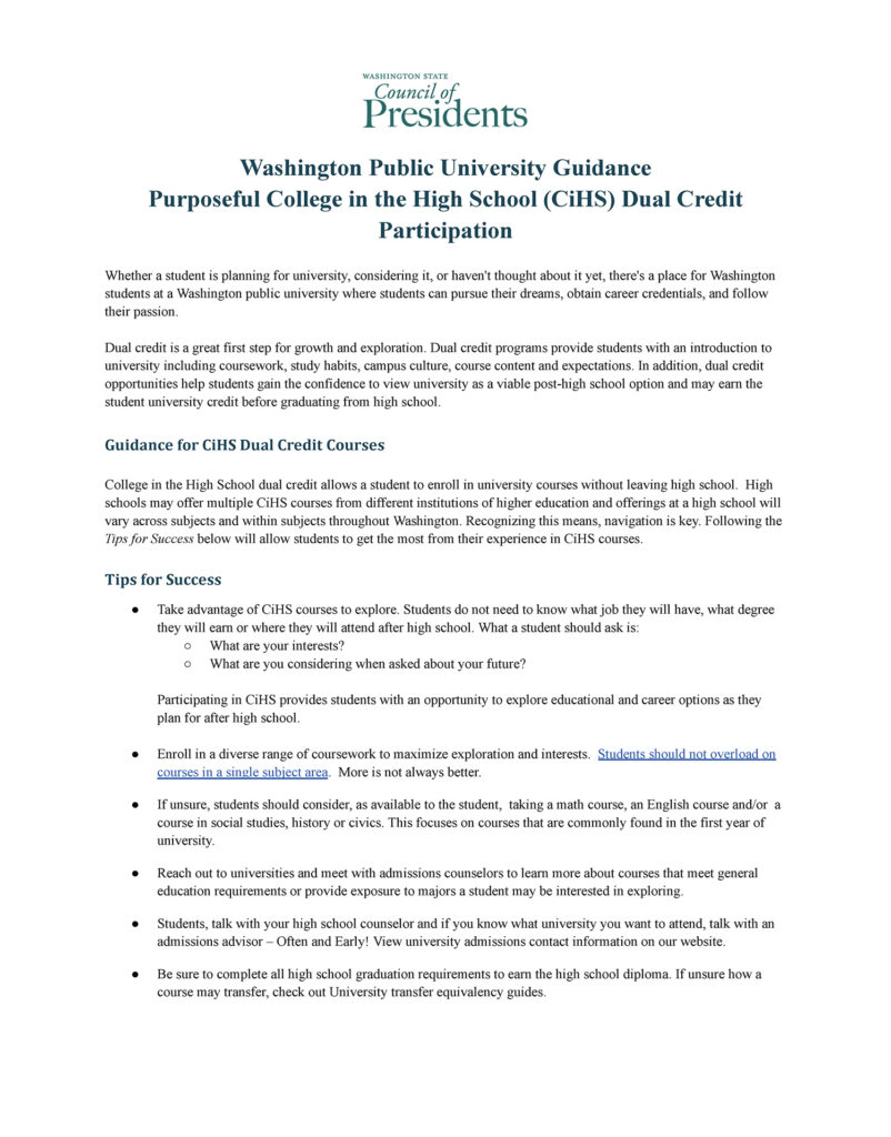 CiHS Dual Credit Transfer Guide to Washington