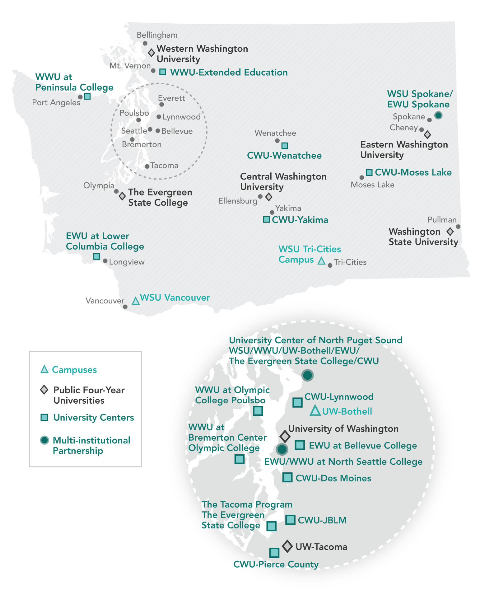 Detailed map of public universities in Washington state
