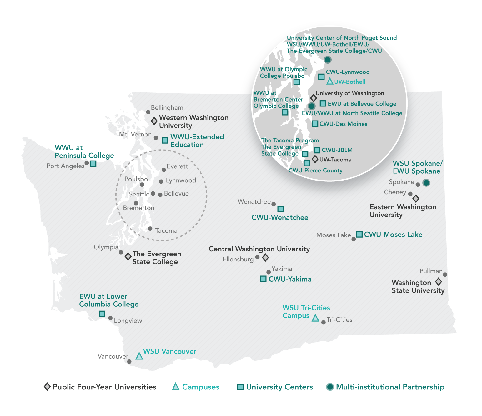 Detailed map of public universities in Washington state