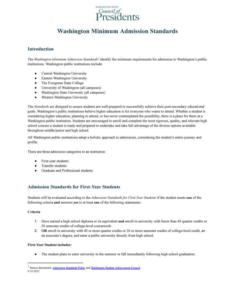 WA Minimum Admission Standards
