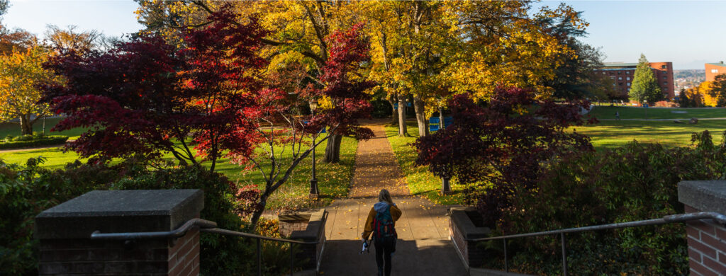 A student walking on a college campus